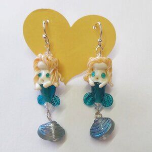 Lampwork Glass Mermaid dangle silver earring